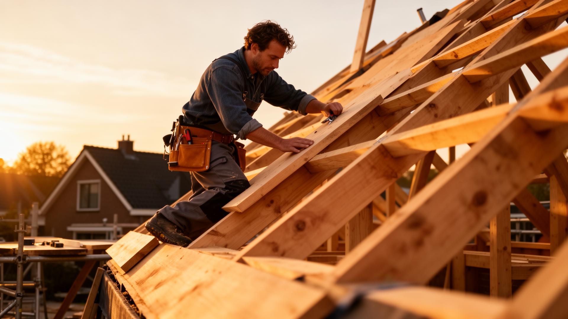Timmerman aan het werk op een dakconstructie